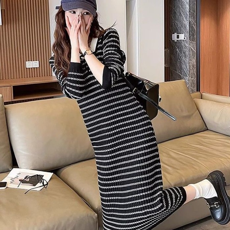 스트라이프 살구색 여성 니트 드레스 캐주얼 루즈핏 오피 - Winter Clothing On Sale Women'S 리뷰 및 가격