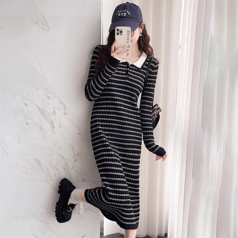 스트라이프 살구색 여성 니트 드레스 캐주얼 루즈핏 오피 - Winter Clothing On Sale Women'S 리뷰 및 가격